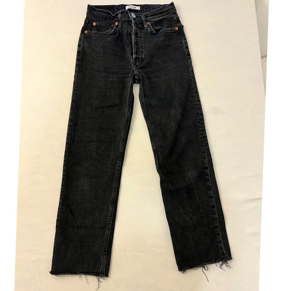 RE/DONE High Rise Straight Leg Jeans Faded Black Raw Hem 189-3WSTV27 Size 26